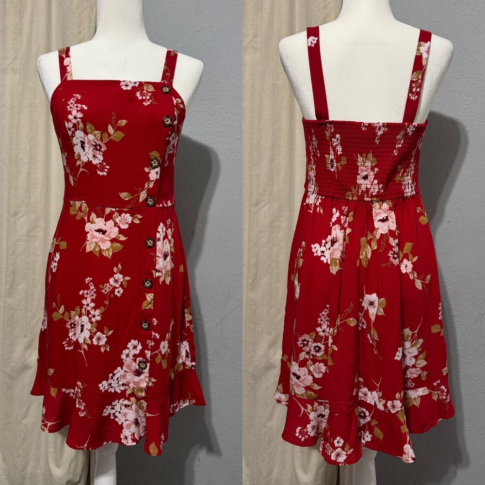 Xhilaration‎ Red Floral Smocked Square Neck Button Front Mini Dress Size Medium